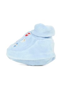 Pantofole di stoffa blu chiaro con risvolto, decorate con ricami di elementi rossi e blu sui lati, texture morbida e forma arrotondata.
