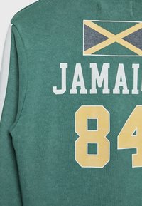 Felpa verde con il testo bianco e giallo "JAMAICA 84" e una piccola toppa della bandiera giamaicana sulla parte superiore della schiena.
