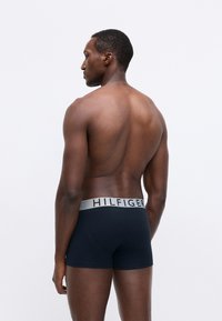 Black boxer briefs with a silver "HILFIGER" logo on the waistband, shown from the side on a male model's back against a light background.