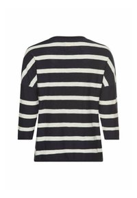 Navy- und weiß gestreifte Pullovertop mit Dreiviertelärmeln und lässiger Passform, ausgestattet mit einem gerippten Ausschnitt und weichem Strickmaterial.