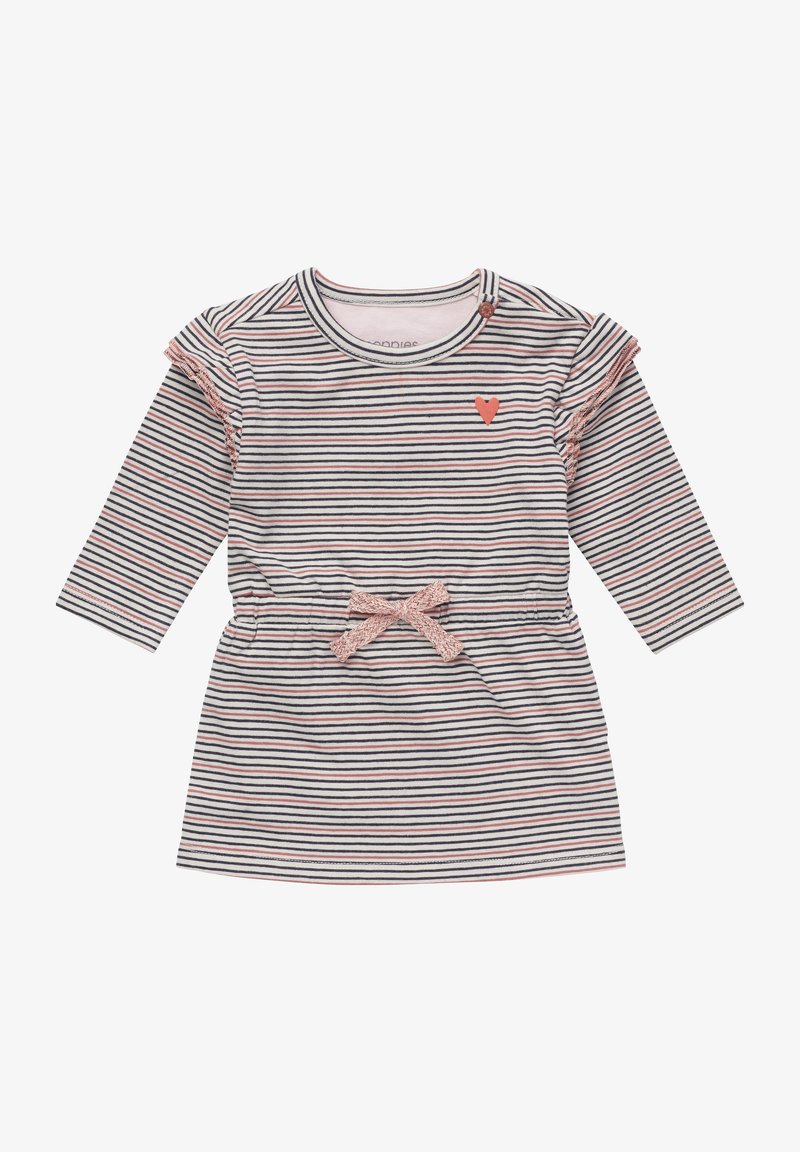 Robe à rayures avec manches longues, présentant des rayures roses et bleu marine, un appliqué en forme de cœur et une taille froncée avec un nœud décoratif à l'avant.