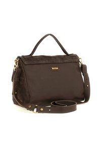 Borsa in pelle e suede marrone scuro con manico superiore, tracolla regolabile e dettagli in metallo dorato.
