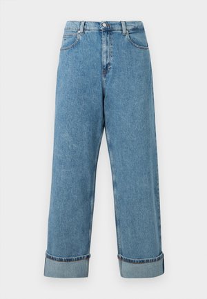 Høyt liv blå denimjeans med vide ben og oppbrettede mansjetter, med frontlommer og beltehemper.