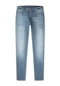 Blauwe denim jeans met een slim fit, met subtiele vervaging, vijf zakken en een ritssluiting met knoopsluiting. Gladde textuur en een strak ontwerp.