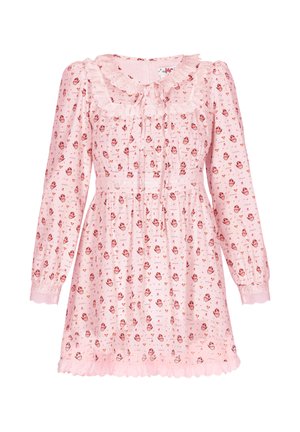 Roze lange mouwen jurk met gerimpelde kraag en zoom, bloemenprint, strikje bij de halslijn en taille met geplooide details.