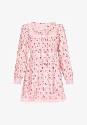 Abito rosa a maniche lunghe con colletto e orlo arricciati, stampa floreale, fiocco annodato sullo scollo e dettaglio vita aderente.