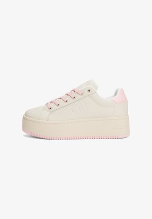 Platform sneakers with a cream synthetic upper, pink accents, and matching laces. Features a textured rubber sole and embossed logo detail.