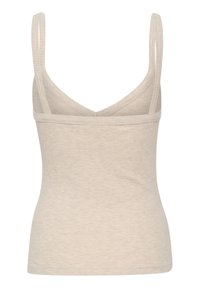 Beige, taillierter Tanktop mit dünnen verstellbaren Trägern, gerippter Textur und V-förmigem Rückendesign. Aus weichem, dehnbarem Stoff gefertigt.