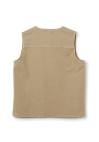 Beige ärmelloses Top aus leichtem Stoff, mit geradem Schnitt, Seitennähten und einer Rückenpasse mit Steppdetails.