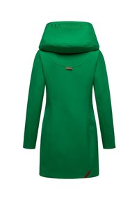 Green outerwear with a prominent hood, sleek design, and MARIKOO branding. Smooth texture and streamlined silhouette with minimal accents.