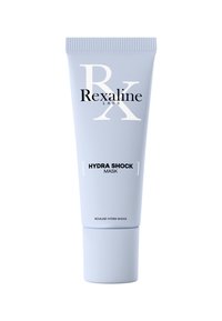 Die Rexaline Hydra Shock Maske in einer hellblauen Tube verfügt über einen Schraubverschluss. Auffällige schwarze Schrift zeigt Marken- und Produktname, mit einem minimalistischen Design.