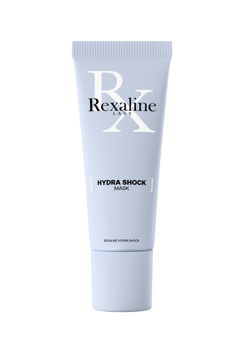 Die Rexaline Hydra Shock Maske in einer hellblauen Tube verfügt über einen Schraubverschluss. Auffällige schwarze Schrift zeigt Marken- und Produktname, mit einem minimalistischen Design.