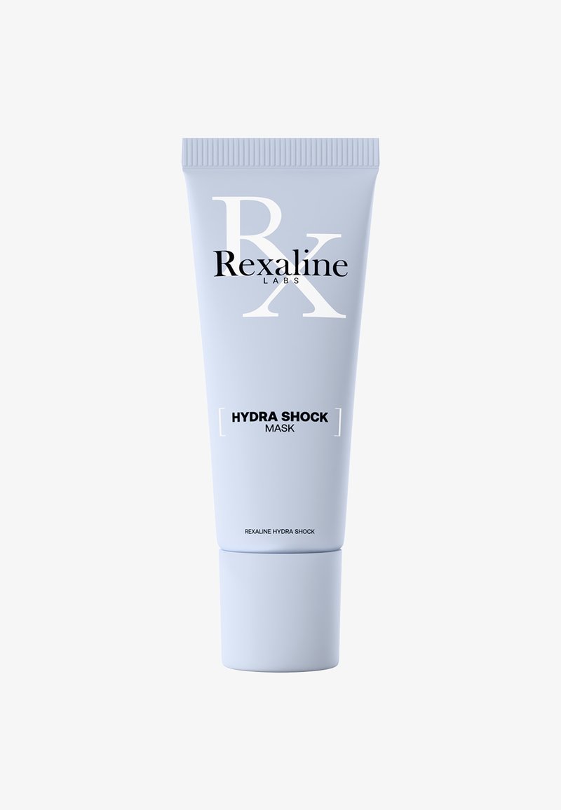 Die Rexaline Hydra Shock Maske in einer hellblauen Tube verfügt über einen Schraubverschluss. Auffällige schwarze Schrift zeigt Marken- und Produktname, mit einem minimalistischen Design.