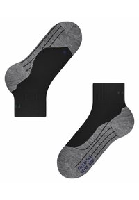 Calzini alla caviglia neri e grigi con un bordo a coste, dotati di una sezione delle dita nera e un tallone grigio, decorati con motivi a righe sulle suole.