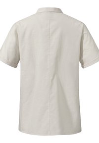 Short-sleeve shirt in light beige, made of textured fabric, featuring a classic collar and rolled cuffs, with a clean back design.