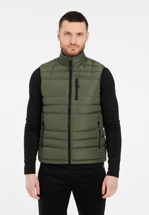 Padded sleeveless vest in olive green with a high collar, zip closure, and side pockets. Features stitched detailing and logo accent.