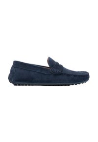 Dunkelblaue Wildleder-Lederloafers mit einem lässigen Design, das dezente Nähte und eine Gummisohle für besseren Halt aufweist. Insgesamt glatte Textur.