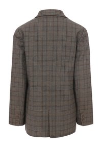 Bruine geblokte blazer met een schuilkraag, lange mouwen en manchet met drie knopen. De stof heeft een gestructureerde weving en contrasterende lijnen.