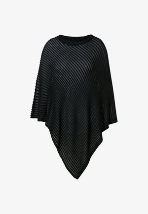 Black knitted poncho with a loose fit, featuring a textured pattern and a wide hem, crafted from lightweight material.