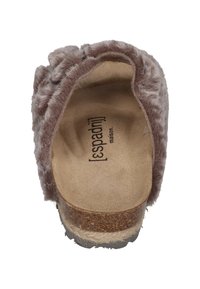 Faux fur slip-on sandal in light brown with a cushioned footbed; features a cork midsole and textured outsole for grip.