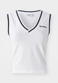 White sleeveless top with a V-neck design, featuring navy blue trim along the neckline and armholes. Text "lets frans..." embroidered on front.