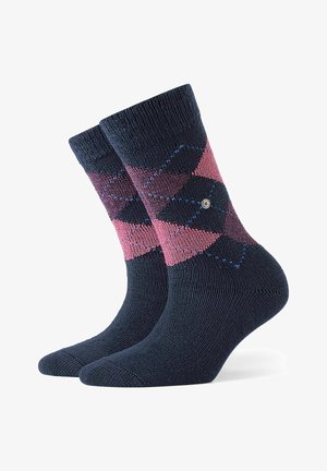Navy crew socks featuring a diamond pattern in shades of pink and purple, with contrasting blue stitching and a small branded accent.