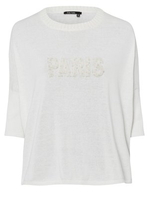 White loose-fit sweater with short sleeves and ribbed neckline, featuring "PARIS" in textured, pearl-like accents. Soft, lightweight material.