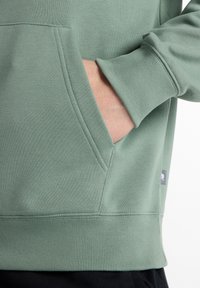 Light green hoodie featuring a kangaroo pocket, ribbed cuffs, and hem, made of soft fabric with a subtle texture and side tag detail.