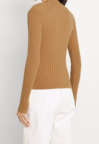 Brauner Rippstrickpullover mit langen Ärmeln und figurnahem Design, ausgestattet mit einem hohen Kragen und feiner Struktur, kombiniert mit weißen Hosen.