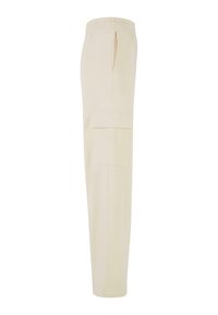 Pantalon cargo beige à coupe décontractée, taille élastique, poches latérales et finition texturée. Comprend une poche appliquée sur la jambe.