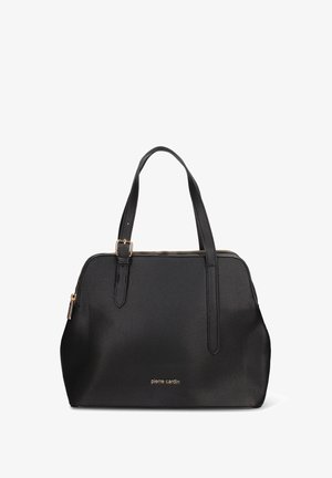 Zwarte handtas van gestructureerd kunstleer, met dubbele handvatten, een ritssluiting en een logo-accent in goudkleur aan de voorkant.