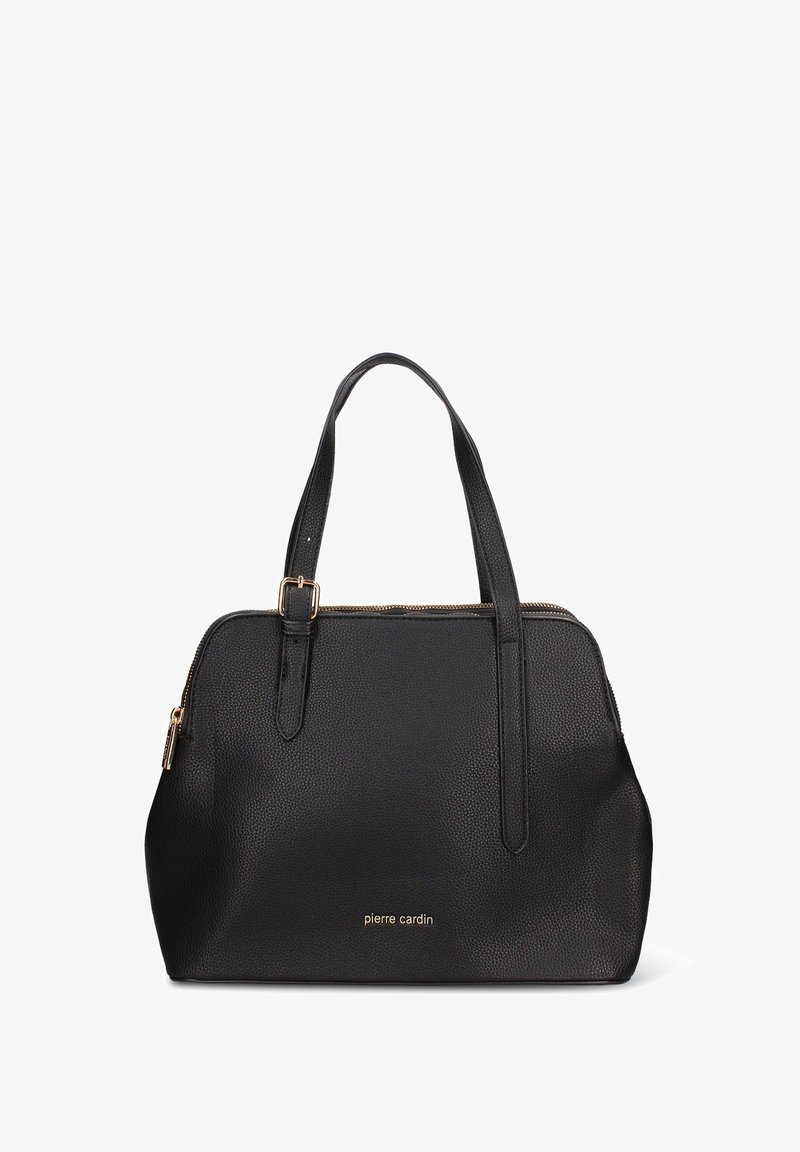 Borsa nera in ecopelle testurizzata, con doppi manici, chiusura con zip e logo color oro sul davanti.