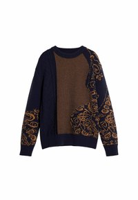 Navy blue knit sweater featuring cable and ribbed patterns, with a contrasting brown floral design on the right sleeve and front panel.