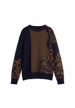 Navy blue knit sweater featuring cable and ribbed patterns, with a contrasting brown floral design on the right sleeve and front panel.