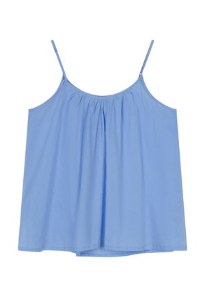 Lichtblauw dameshemd zonder mouwen met dunne verstelbare bandjes en een geplooide, ronde hals, gemaakt van lichtgewicht stof.