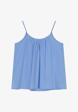 Lichtblauw dameshemd zonder mouwen met dunne verstelbare bandjes en een geplooide, ronde hals, gemaakt van lichtgewicht stof.