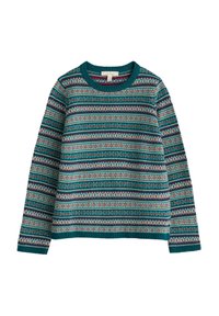 Gebreide trui in teal en crème met rode en groene patronen. Heeft een ronde hals en lange mouwen met geribbelde cuffs en zoom.