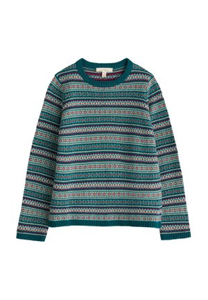 Strickpullover in Petrol und Creme mit roten und grünen Mustern. Verfügt über einen Rundhalsausschnitt und lange Ärmel mit gerippten Bündchen und Saum.