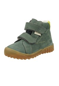 Grüner Lederknöchelstiefel mit zwei Klettverschlüssen, Gummisohle, strukturiertem Obermaterial, Sternakzent und gelbem Fersendetail.