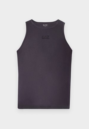 Melnā bez piedurknēm tank topa blūze, kas izgatavota no gludas auduma, ar apaļu kakla izgriezumu un nelielu, diskrētu logotipu priekšā.