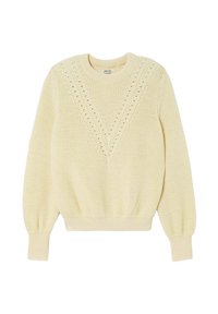 Pull en tricot de couleur crème avec un motif texturé, doté d'un design en V et de poignets et d'ourlet côtelés. Coupe décontractée et relaxante.