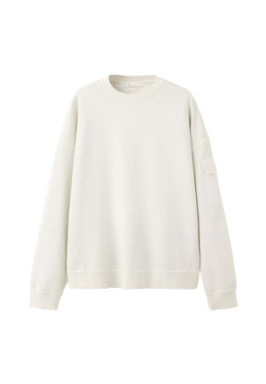 Sudadera blanca roto de manga larga con cuello redondo, con un bolsillo pequeño en la manga izquierda, puños y bajo acanalados.