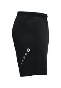 Zwarte sportshorts met een elastische tailleband, voorzien van een reflecterende logo en stippenaccenten aan één zijde. Gladde, lichtgewicht stof.
