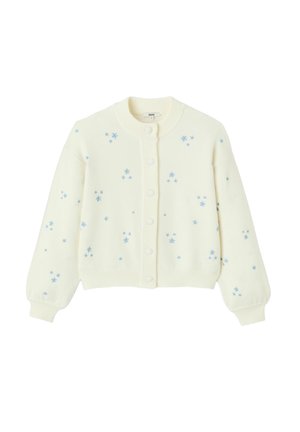 Cardigan en maille crème avec manches longues, encolure ronde, boutonnage sur le devant et petits motifs floraux bleus dispersés.