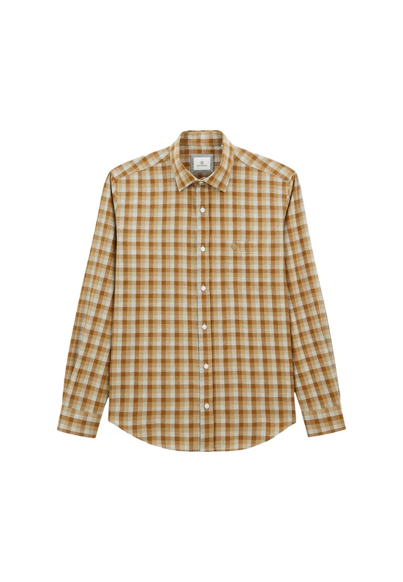 Chemise à manches longues avec un motif à carreaux brun et crème. Dotée d'un col classique, d'une ouverture à boutons à l'avant et d'une poche poitrine unique. Matériau en coton.