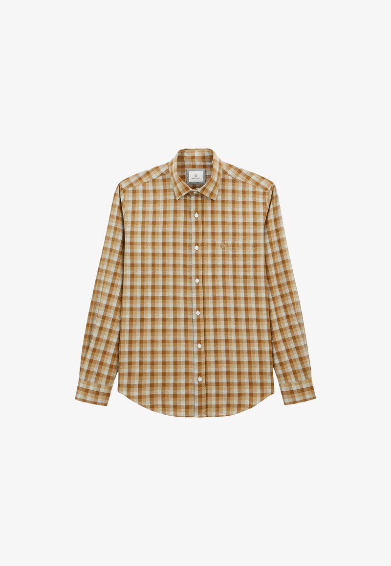 Chemise à manches longues avec un motif à carreaux brun et crème. Dotée d'un col classique, d'une ouverture à boutons à l'avant et d'une poche poitrine unique. Matériau en coton.