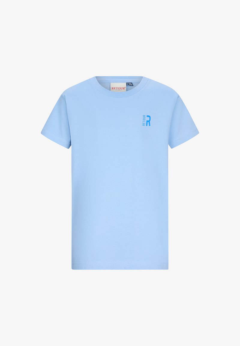 Lichtblauw T-shirt met korte mouwen voor peuters, met een klein verticaal "Retour R" logo in blauw op de linker bovenborst.