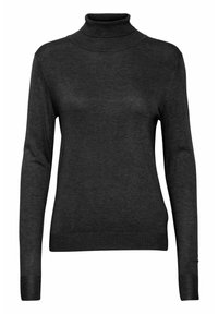 Schwarzer Rollkragenpullover aus glattem Strickstoff, mit langen Ärmeln und einem gerippten Kragen sowie Bündchen. Keine Muster oder Verzierungen.