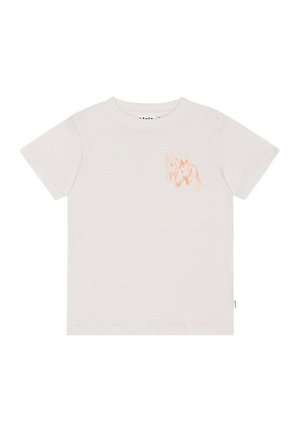 Lichtbeige katoenen t-shirt met een ronde hals, korte mouwen en een koraalkleurige illustratie van twee paarden op de linkerborst.
