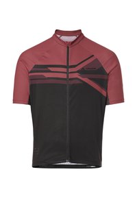 Maillot de cyclisme à manches courtes en bordeaux et noir, avec des rayures diagonales, une fermeture éclair à l'avant et un détail de logo sur la poitrine.